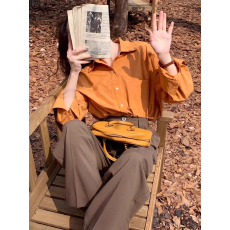 批发经典慵懒微廓形<b class='q'>衬衣</b>～春秋叠穿内搭上衣女法式复古落日橘色<b class='q'>衬衫</b>