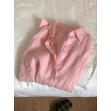 批发粉色<b class='q'>棉麻</b>衬衫女春夏新款慵懒风韩系Polo领亚麻防晒衬衣