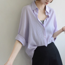 批发竖纹肌理廓形宽松<b class='q'>长袖</b>女士衬衫 洒脱感防晒轻薄衬衣上衣