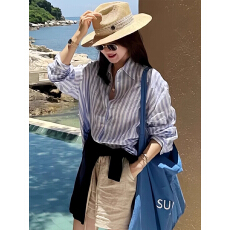 批发法式蓝色<b class='q'>条纹</b>亚麻防晒<b class='q'>衬衫</b>女装2026新款春季宽松显瘦气质长袖上衣