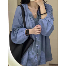 批发文艺温柔松弛感V领灯笼袖衬衫女春季<b class='q'>通勤</b>百搭宽松休闲慵懒风上衣