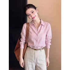 淡人高知穿搭粉色亚麻衬衫女夏季薄款独特超好看法式小资漂亮上衣