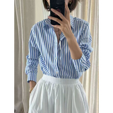 批发航海系度假风蓝白条纹长袖衬衫美式慵懒<b class='q'>休闲</b>老钱衬衣女