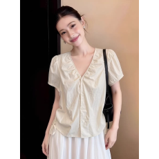 批发法式V领抽绳正肩泡泡短袖衬衫女夏季设计感褶皱收腰小个子短上衣