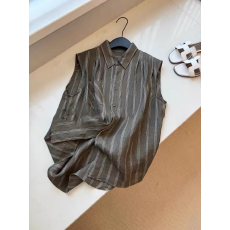 批发2026夏季薄款橄榄绿polo衫亚麻条纹无袖背心马甲衬衫女新款上衣潮