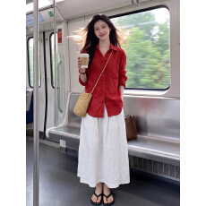 批发红色度假风亚麻衬衫女<b class='q'>秋</b>季新款慵懒松弛感休闲设计感小众防晒衬