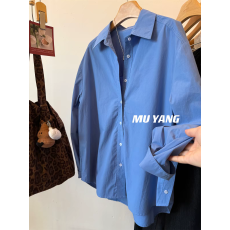 批发MUYANG 太有感觉了~<b class='q'>男</b>友力蓝色<b class='q'>衬衫</b>女韩版休闲色彩慵懒风<b class='q'>长袖</b><b class='q'>衬衣</b>