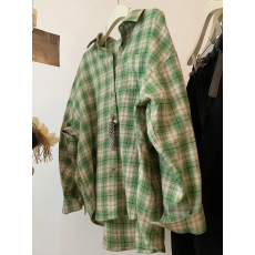 批发法式复古绿色磨毛格子衬衫<b class='q'>女</b>宽松设计感小众衬衣叠穿<b class='q'>上衣</b>