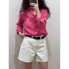 批发韩系高级感玫红色长袖衬衫<b class='q'>女</b>春季设计感小众洋气显白简约通勤<b class='q'>上衣</b>