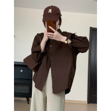 批发春秋法式高级感长袖咖啡色衬衫宽松洋气休闲显白叠穿衬衣外套<b class='q'>女</b>