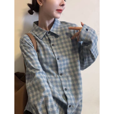 批发秋冬季内搭蓝灰色格子磨毛衬衫女<b class='q'>休闲</b>百搭上衣叠穿衬衣外套高级感