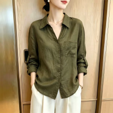 批发老钱风翻领苎麻<b class='q'>衬衫</b><b class='q'>女士</b><b class='q'>长袖</b>春秋新款气质<b class='q'>衬衣</b>高级感绿色棉麻上衣