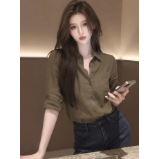 批发老钱风翻领苎麻<b class='q'>衬衫</b><b class='q'>女士</b><b class='q'>长袖</b>春秋新款气质<b class='q'>衬衣</b>高级感绿色棉麻上衣