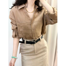 批发法式老钱风宽松亚麻Polo领<b class='q'>衬衫</b>女夏季轻熟松弛感宽松<b class='q'>长袖</b>防晒上衣