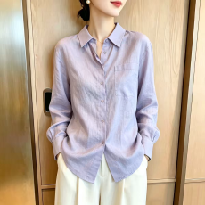 批发气质梦幻紫色长袖衬衫女春夏薄款翻领单口袋宽松防晒慵懒显瘦衬衣