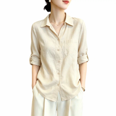 批发简约通勤亚麻色衬衫女士长袖秋季新款宽松休闲衬衣翻领棉麻上衣