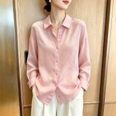 批发亚麻粉色防晒衣衬衫女夏新款通勤宽松百搭棉麻衬衣薄外套气质上衣
