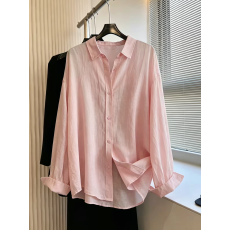 亚麻粉色防晒衣衬衫女夏新款通勤宽松百搭棉麻衬衣薄外套气质上衣