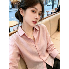批发亚麻粉色防晒衣衬衫女夏新款通勤宽松百搭棉麻衬衣薄外套气质上衣