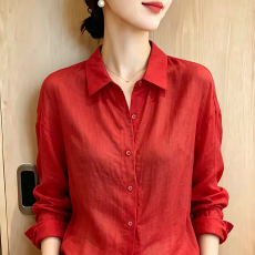批发红色苎麻防晒衬衫女士长袖秋季新款棉麻衬衣高端简约气质通勤上衣