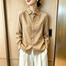 批发卡其色防晒衬衫女士长袖秋季新款棉麻衬衣高端简约气质通勤上衣