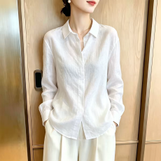 批发白色苎麻防晒衬衫女士长袖秋季新款棉麻衬衣高端简约气质通勤上衣