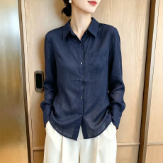 批发高端简约苎麻衬衫女士长袖春秋新款棉麻藏青色高级感老钱风上衣