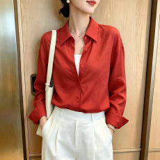 批发法式红色老钱风苎麻衬衫女长袖秋季新款宽松休闲衬衣外搭棉麻上衣
