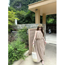 followqueen 南法少女两色褶皱丝巾吊带上衣半裙漂亮气质套装女