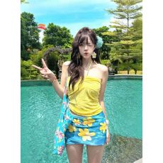 批发海岛度假风显白黄色纯欲少女分体比基尼性感辣妹小胸显瘦裙式泳衣