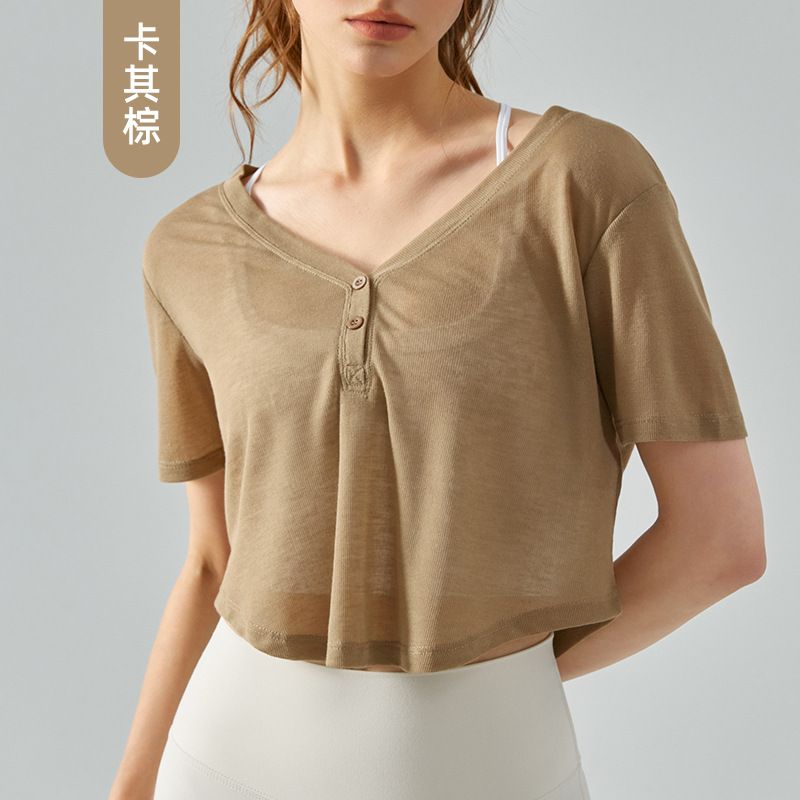 FA34857# 宽松瑜伽服女罩衫薄款运动短袖夏季跑步训练短款健身t恤外穿 服裝批發女裝批發服飾貨源
