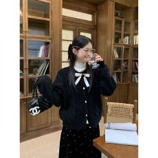 宋正恩黑色圆领麻花针织开衫外套女冬季新款高级感宽松百搭上衣潮