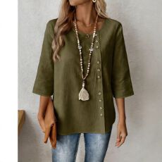 批发2026欧美森系亚麻圆领上衣 宽松显瘦军绿色中袖棉麻<b class='q'>衬衫</b>女