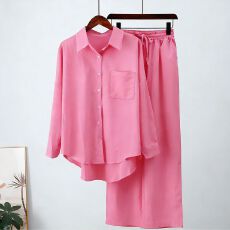 批发已出货 2026跨境休闲<b class='q'>欧美</b>纯色<b class='q'>套装</b>大码女装仿麻阔腿裤两件套女