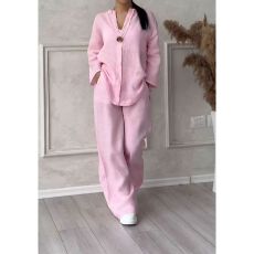 批发<b class='q'>欧美</b>跨境粉色亚麻宽松两件套女V领衬衫高腰阔腿裤显瘦休闲<b class='q'>套装</b>