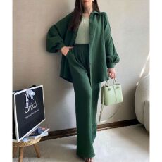 批发已出货 跨境新款两件套长袖<b class='q'>翻领</b>衬衫纽扣上衣松紧腰长裤休闲套装