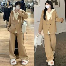 批发已出货春秋季新款长袖拼接假两件连帽<b class='q'>上衣</b>宽松大码遮肚长<b class='q'>裤</b>套<b class='q'>装</b>女