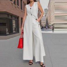 批发女士时尚街头风无袖长款<b class='q'>上衣</b>和阔腿<b class='q'>裤</b><b class='q'>套装</b>两件套2025夏季纯色通勤