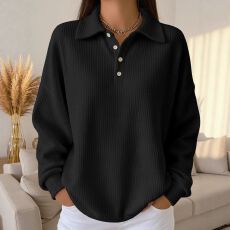 批发2026 跨境时尚纽扣装饰POLO领灰调针织衫女士外穿上衣