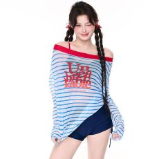 批发新款条纹长袖三件套分体泳衣女防晒罩衫露肩一字领遮肉显瘦泡温泉