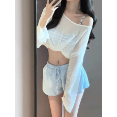 批发分体泳衣女防晒罩衫比基尼蓝色夏季新款小胸聚拢海边度假泳装
