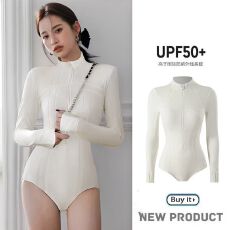 批发尾波冲浪高领泳衣女长袖专业防晒UPF50+连体速干潜水服水母衣