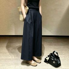 批发黑色慵懒休闲<b class='q'>裤</b>女秋季小个子百搭显瘦宽松九分阔腿<b class='q'>裤</b>
