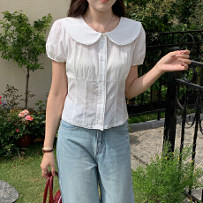 批发小个子少女法式甜美白色<b class='q'>娃娃领</b><b class='q'>衬衫</b>短袖女泡泡袖上衣夏季韩版新款