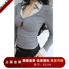 批发假两件翻领针织打底衫女秋冬拼接v领修身短款长袖上衣