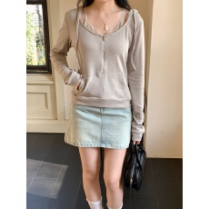 批发WM同款新款连帽假两件<b class='q'>拉链</b>长袖T恤女bm灰色蕾丝拼接纯欲<b class='q'>卫衣</b>上衣