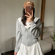 批发韩版新款休闲连帽收腰鱼骨<b class='q'>短</b>款拉链开衫外套纯欲辣妹卫衣上衣女