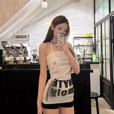 批发带胸垫<b class='q'>罩衫</b>拼接字母印花网纱上衣性感<b class='q'>比基尼</b>两件套女