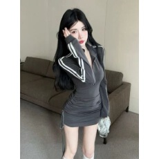 批发港风高级小众polo领拉链<b class='q'>长袖</b>连衣裙女运动风辣妹褶皱修身包臀裙