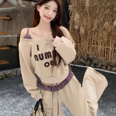 批发复古长袖斜肩印花卫衣高腰拼接条纹阔腿休闲裤女<b class='q'>秋</b>季套装